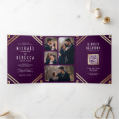 Invitation Trois Volets Mariage de code QR Art Déco géométrique violet or (Intérieur)
