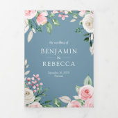 Invitation Trois Volets Mariage de code QR bleu bleu rose floral (Page de couverture)