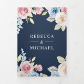 Invitation Trois Volets Mariage de code QR bleu marine de printemps doux (Page de couverture)