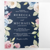 Invitation Trois Volets Mariage de code QR bleu marine de printemps doux (Intérieur en premier)