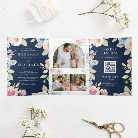 Invitation Trois Volets Mariage de code QR bleu marine de printemps doux