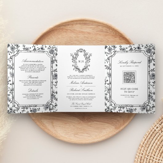 Invitation Trois Volets Mariage de code QR de la Chinoiserie noire et blan