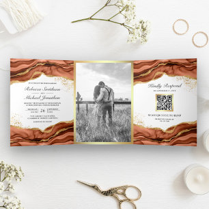 Invitation Trois Volets Mariage de code QR de l'encre Abstraite en terre c