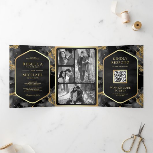 Invitation Trois Volets Mariage de code QR de l'encre liquide Abstraite au (Intérieur)