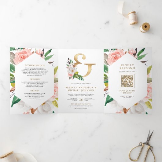Invitation Trois Volets Mariage de code QR de l'esperie dorée rose (Intérieur)