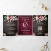 Invitation Trois Volets Mariage de code QR du marsala rose Floral Ampersan (Intérieur)