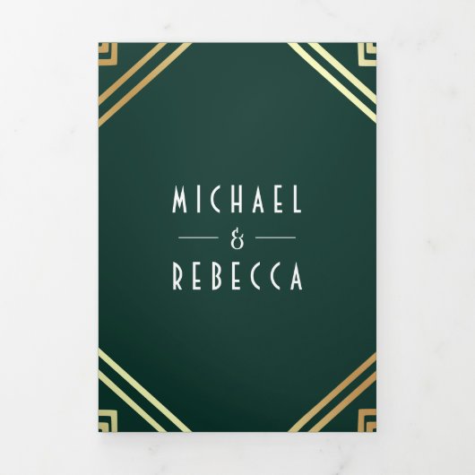 Invitation Trois Volets Mariage de code QR Emerald Gold Art Déco géométriq (Page de couverture)