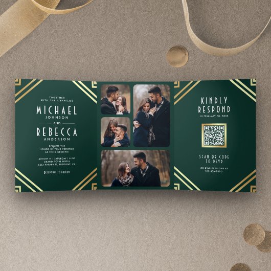 Invitation Trois Volets Mariage de code QR Emerald Gold Art Déco géométriq