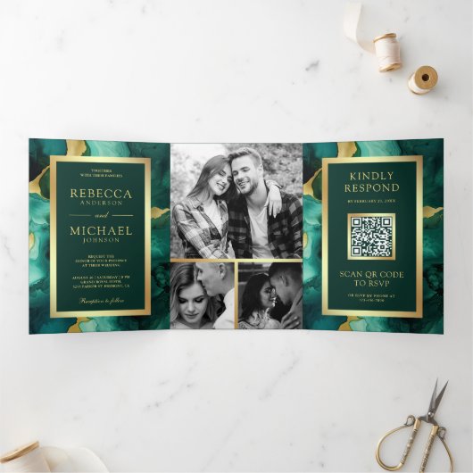 Invitation Trois Volets Mariage de code QR Emerald Green Gold (Intérieur)