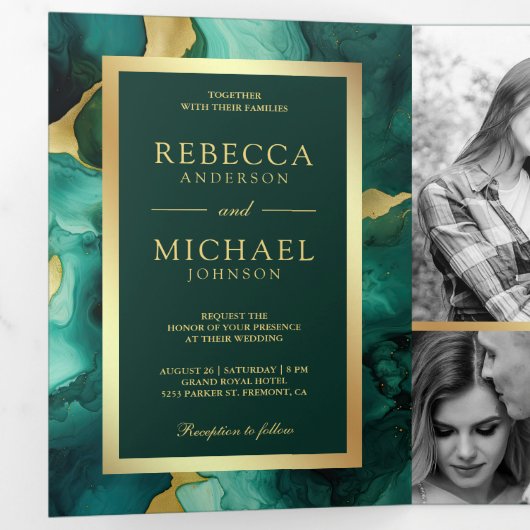 Invitation Trois Volets Mariage de code QR Emerald Green Gold (Intérieur en premier)