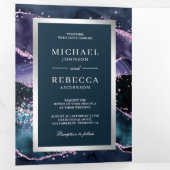Invitation Trois Volets Mariage de code QR en marbre bleu et violet Agate (Intérieur en premier)