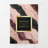 Invitation Trois Volets Mariage de code QR en marbre noir rose vif (Page de couverture)