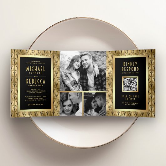 Invitation Trois Volets Mariage de code QR en or noir Art Déco géométrique