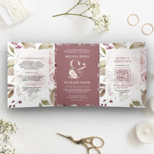 Invitation Trois Volets Mariage de code QR et d'esperie Florale Rose