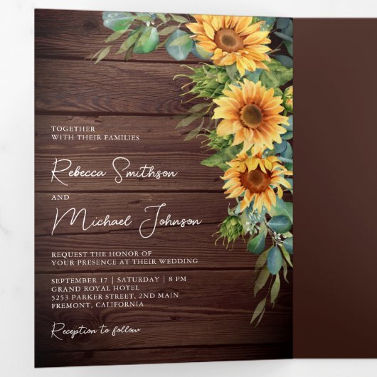 Invitation Trois Volets Mariage de code QR Eucalyptus en bois rustique (Intérieur en premier)