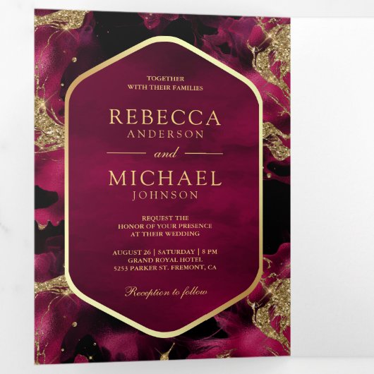 Invitation Trois Volets Mariage de code QR Fuchsia Gold Abstrait (Intérieur en premier)