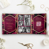 Invitation Trois Volets Mariage de code QR Fuchsia Gold Abstrait