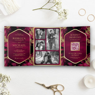 Invitation Trois Volets Mariage de code QR Fuchsia Gold Abstrait