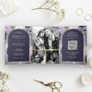 Invitation Trois Volets Mariage de code QR Heather Purple Floral Arch