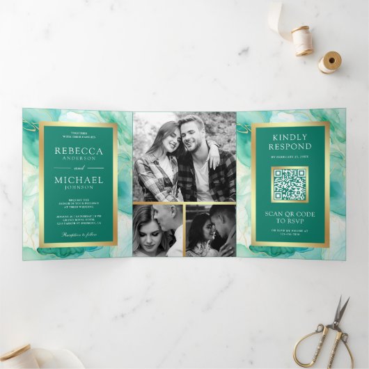 Invitation Trois Volets Mariage de code QR Mint Green Gold (Intérieur)