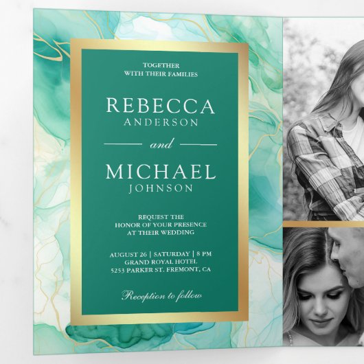 Invitation Trois Volets Mariage de code QR Mint Green Gold (Intérieur en premier)