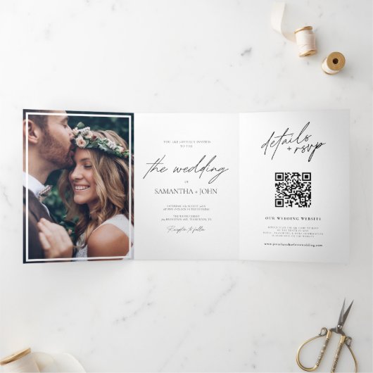 Invitation Trois Volets Mariage de code QR multi photo moderne (Intérieur)