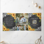 Invitation Trois Volets Mariage de code QR Rustique Chalkboard Lace Sunflo<br><div class="desc">Éblouissez vos invités avec cette élégante invitation de mariage tout en un avec de beaux tournesols et de la typographie moderne avec carte RSVP en ligne. Ajoutez simplement les détails de votre événement sur ce modèle facile à utiliser et ornez cette carte avec vos photos préférées pour en faire une...</div>