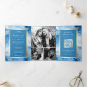 Invitation Trois Volets Mariage de code QR Sky Blue Gold (Intérieur)