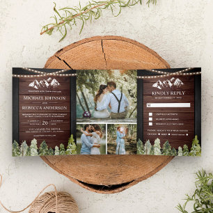 Invitation Trois Volets Mariage de collage de photo de forêt de montagne e