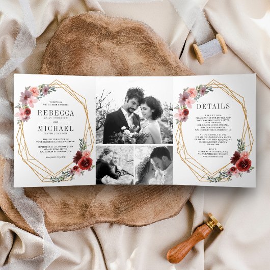 Invitation Trois Volets Mariage de collection de photos florale de Bourgog