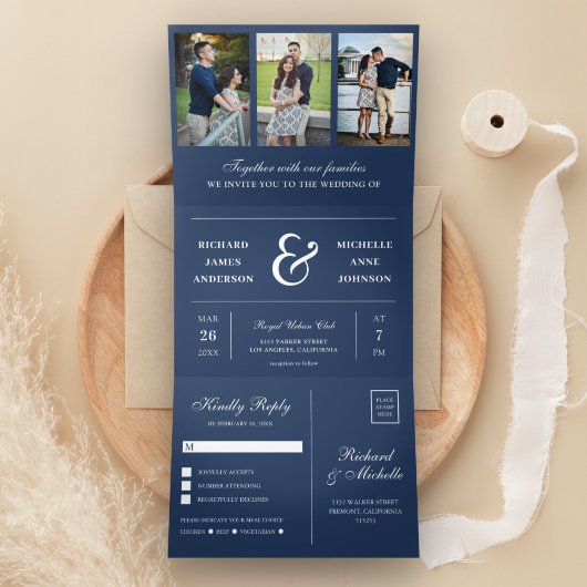 Invitation Trois Volets Mariage de collection photo Navy Blue Minimal 3 en