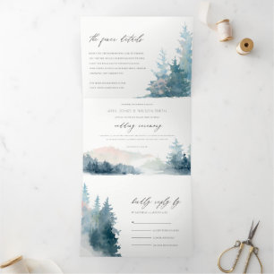 Invitation Trois Volets Mariage DE COULEUR D'EAU EN PINE DE MONTAGNES ROUG