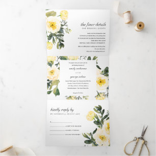 INVITATION TROIS VOLETS MARIAGE DE COULEUR D'EAU FLORALE JAUNE BLANCHE