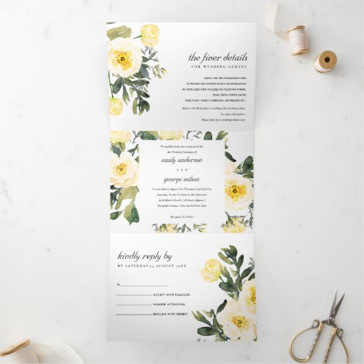 INVITATION TROIS VOLETS MARIAGE DE COULEUR D'EAU FLORALE JAUNE BLANCHE (Intérieur)