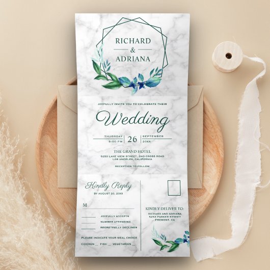 Invitation Trois Volets Mariage de couronnes géométriques émeraude vert mo