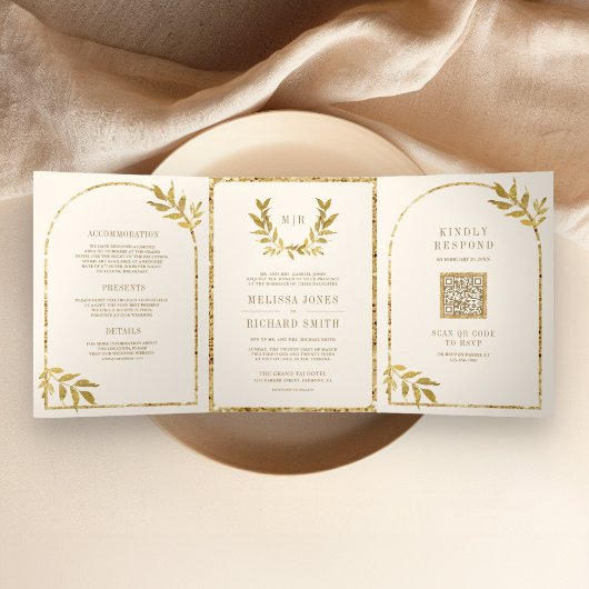 Invitation Trois Volets Mariage de crème Feuille Gold Laurel Wreath