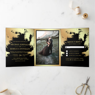 Invitation Trois Volets Mariage de feuilles de palmier en noir et feuille