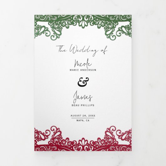 Invitation Trois Volets Mariage de fiesta vert et rouge (Page de couverture)