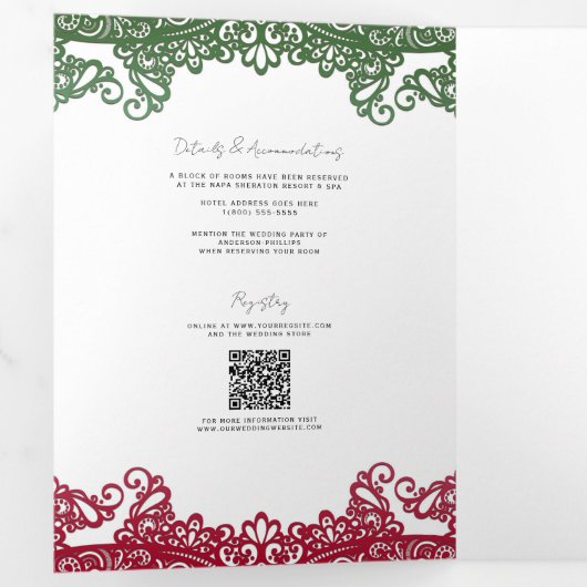 Invitation Trois Volets Mariage de fiesta vert et rouge (Intérieur en premier)