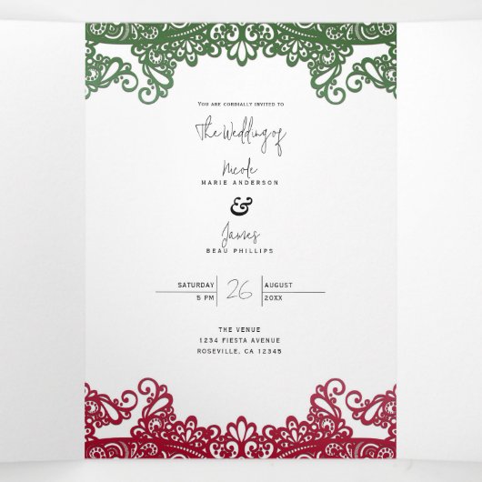 Invitation Trois Volets Mariage de fiesta vert et rouge (Intérieur au milieu)