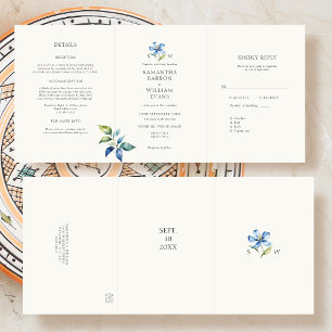 Invitation Trois Volets Mariage de fleurs bleu aquarelle