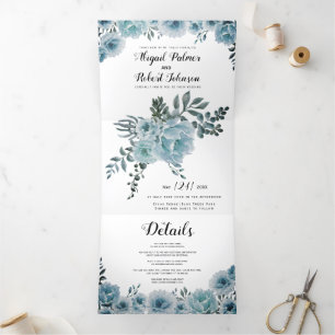 Invitation Trois Volets Mariage de fleurs de cactus couleur bleu foncé