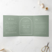 Invitation Trois Volets Mariage de jonction Arch moderne Sage vert Script (Intérieur)