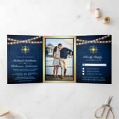 Invitation Trois Volets Mariage de la boussole d'or marine Bleu (Intérieur)