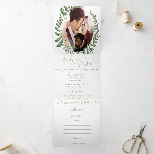 Invitation Trois Volets Mariage de la couronne de frêne vert de Boho (Intérieur)