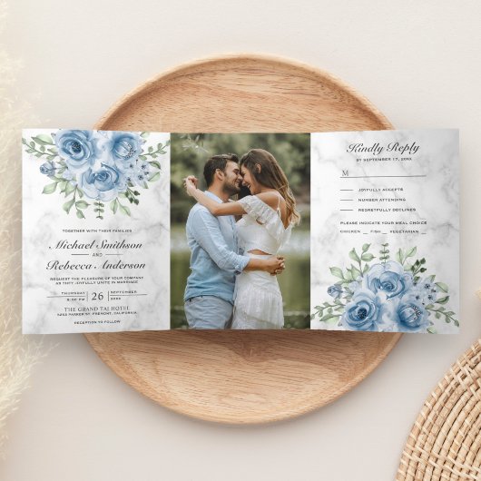 Invitation Trois Volets Mariage de Marbre blanc photo Rustique Dusty Blue