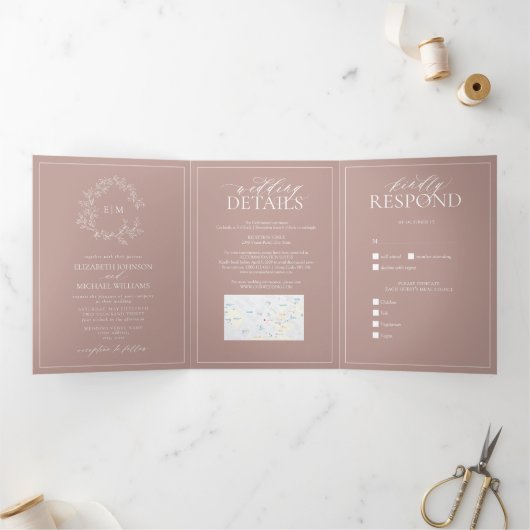 Invitation Trois Volets Mariage de monogramme à poitrine feutrée Rose (Intérieur)