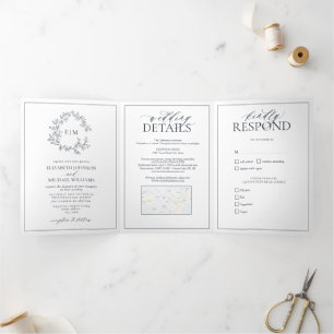 Invitation Trois Volets Mariage de monogramme de la marine Blue Leafy Cres