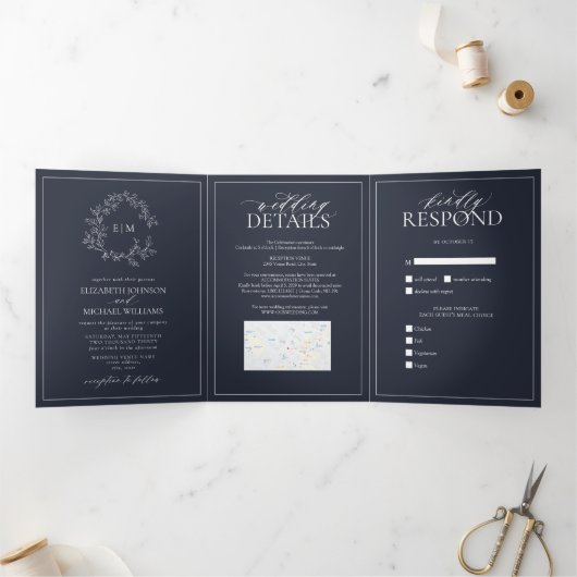 Invitation Trois Volets Mariage de monogramme de la marine Blue Leafy Cres (Intérieur)