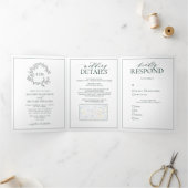 Invitation Trois Volets Mariage de monogramme Emerald Green Leafy Crest (Intérieur)